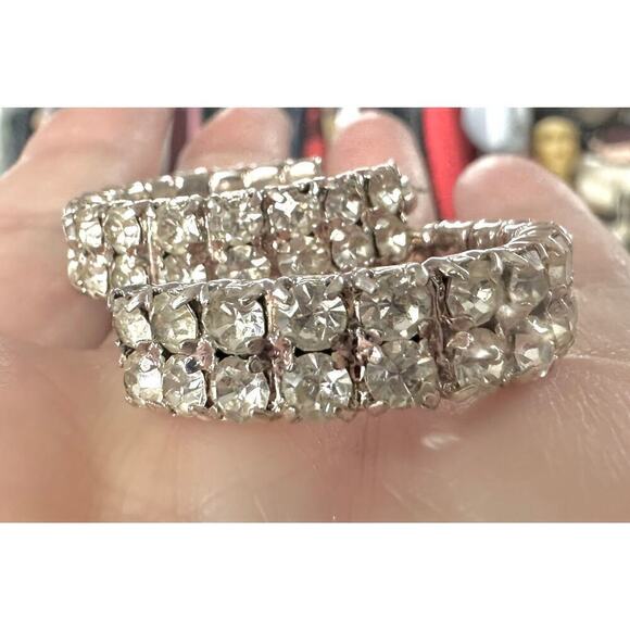 Vtg Hoop Earrings Statement double row crystals//pierced cocktail wedding 1.4" - Picture 5 of 6